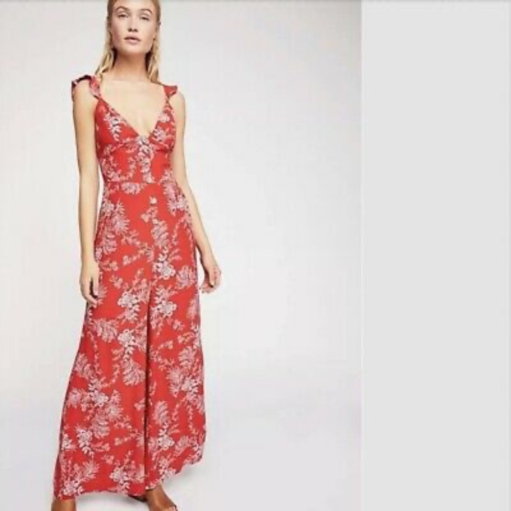 Free People Be The One Floral Pant Jumpsuit, Size 0, Red